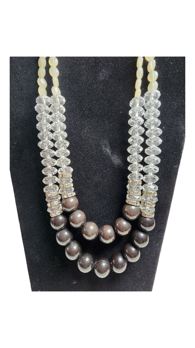 Vtg Double Strand Beaded Statement Necklace Gunmetal Gray Cream Clear Crystal